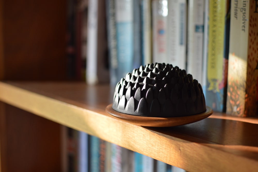 Makarlu Lotus Pilates product on a wooden bookshelf